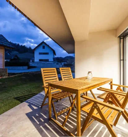 Outside seating area in the evening light